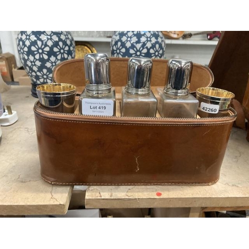 419 - Vintage leather travel bar set with 3 flasks and 4 stainless steel shot glasses