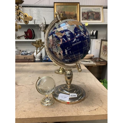 424 - Blue gemstone desk globe and a small glass desk globe