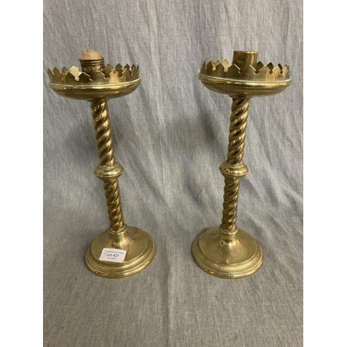 427 - Pair of Victorian Gothic brass candlesticks 30H