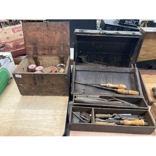 452 - Vintage tool box 38H 50W 40D containing files, chisels, spanner’s, saw etc and a wooden egg box 21H ... 