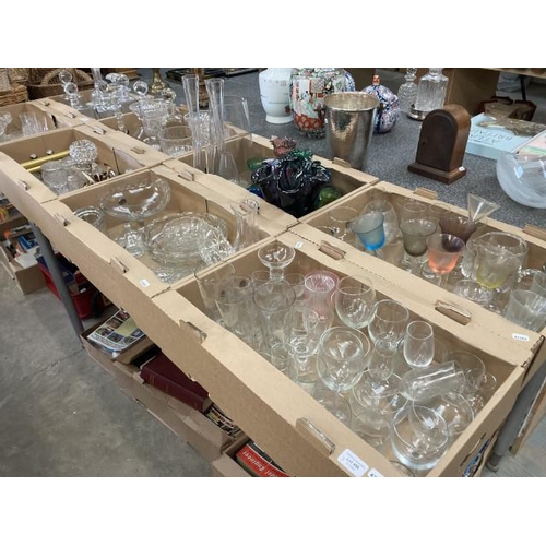 486 - 7 boxes of assorted glassware including decanters, tumblers, sundae dishes, art glass etc