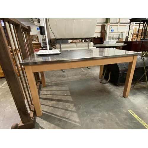 67 - Beech framed table with stainless steel top 76H 152W 92D