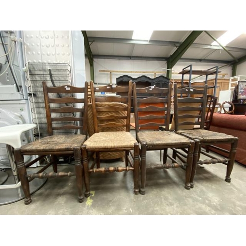 77 - 4 oak rush seated ladder back chairs 47W