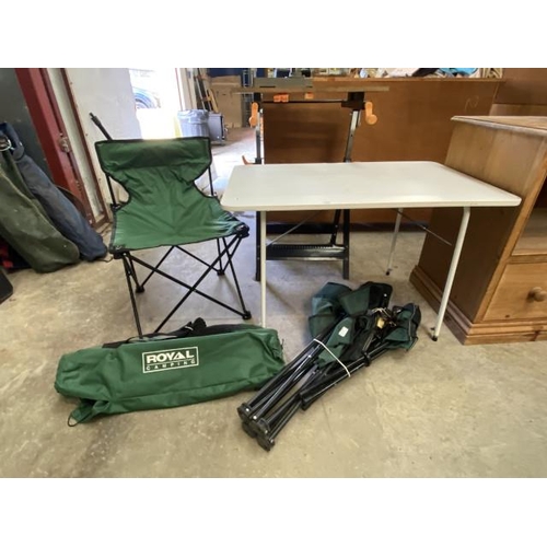 82 - Folding camping table & 3 camping chairs, etc