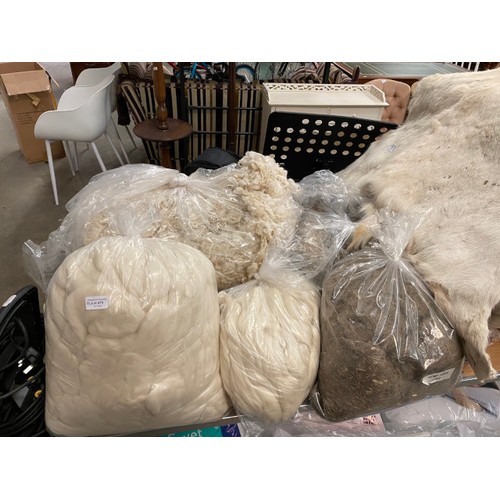 470 - Bags of various breeds of sheep's wool, bag of hemp fibres, sheepskins, bags of twine, quantity of d... 