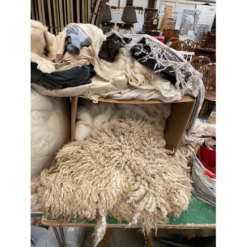 470 - Bags of various breeds of sheep's wool, bag of hemp fibres, sheepskins, bags of twine, quantity of d... 