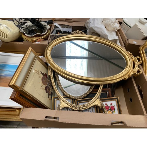 477 - Quantity of framed pictures and prints, gilt framed mirrors, table lamps, etc