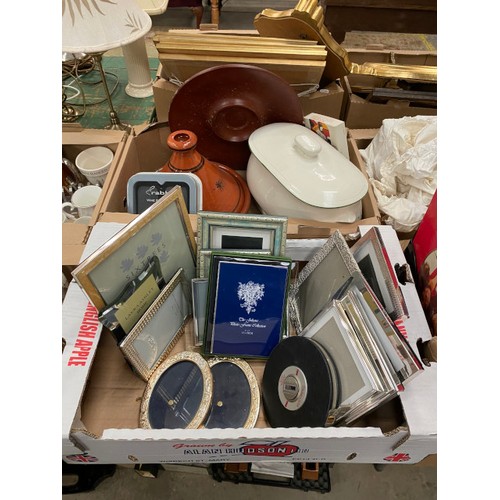 479 - 8 boxes of collectables including photograph frames, tagine, LP’s & 78’s, vintage clothing etc