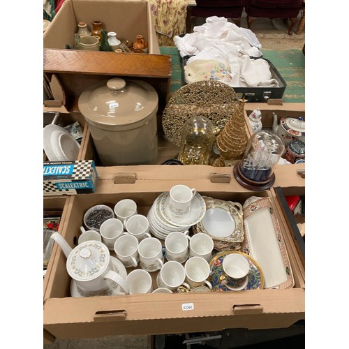 480 - 10 boxes of collectables including Paragon “Fiona” coffee set, stoneware bread crock, dressing table... 