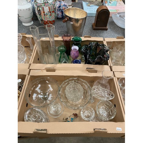 486 - 7 boxes of assorted glassware including decanters, tumblers, sundae dishes, art glass etc