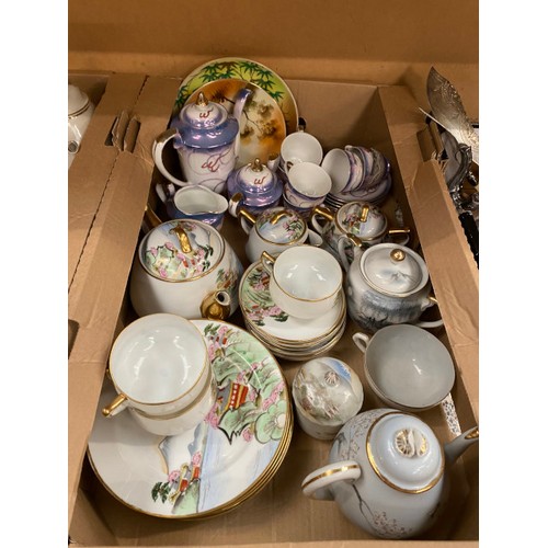 405 - 4 boxes of collectables including Japanese tea sets, pair of Burleighware vases, Bayle vase etc