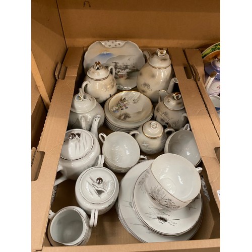 405 - 4 boxes of collectables including Japanese tea sets, pair of Burleighware vases, Bayle vase etc