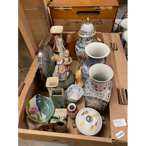 405 - 4 boxes of collectables including Japanese tea sets, pair of Burleighware vases, Bayle vase etc