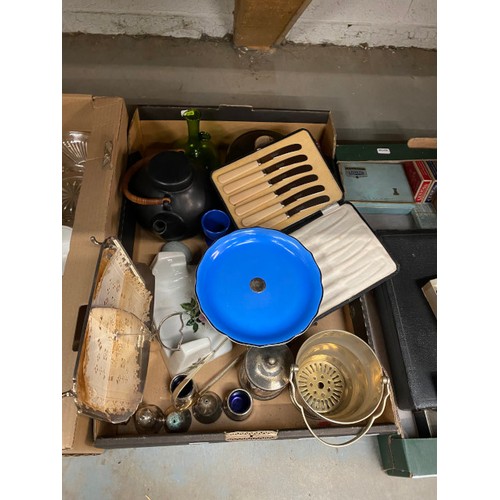 434 - 7 boxes of collectables including tea wares, cutlery, oriental tea pots, stainless steel saucepan se... 