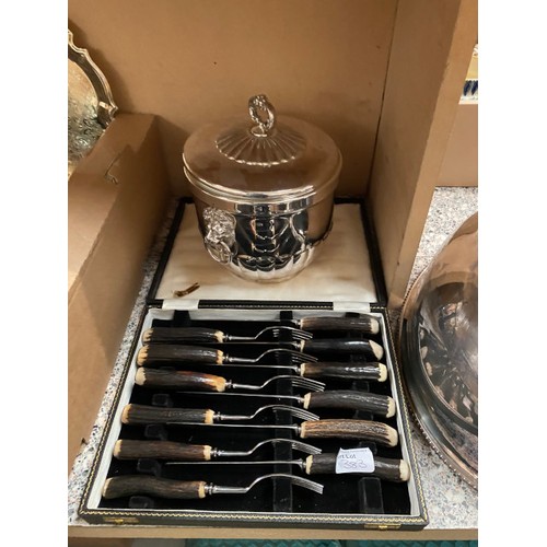 383 - Quantity of silver plated ware including, ice bucket, cutlery, trays, sauce boats, cream and sugar c... 