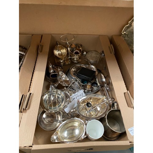 383 - Quantity of silver plated ware including, ice bucket, cutlery, trays, sauce boats, cream and sugar c... 