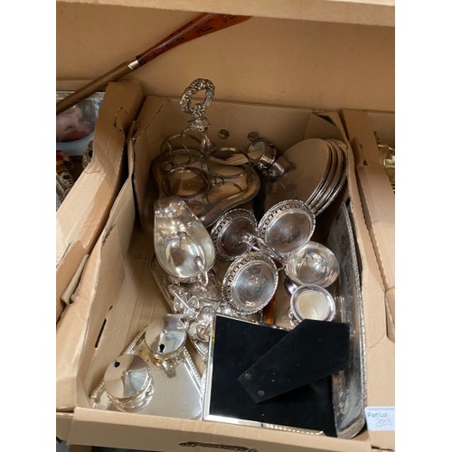 383 - Quantity of silver plated ware including, ice bucket, cutlery, trays, sauce boats, cream and sugar c... 