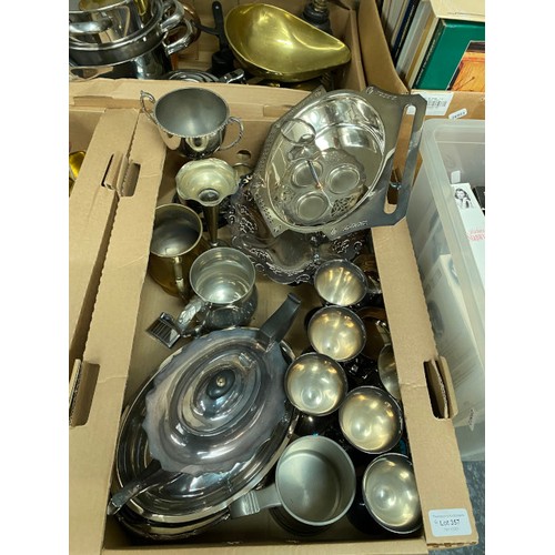 357 - 6 good boxes of metal wares including silver plated goblets, chaffing dishes, pewter tankards, brass... 