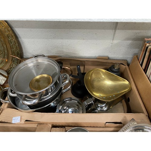 357 - 6 good boxes of metal wares including silver plated goblets, chaffing dishes, pewter tankards, brass... 