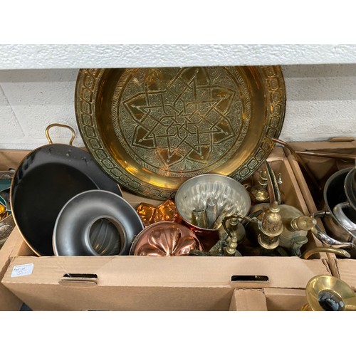 357 - 6 good boxes of metal wares including silver plated goblets, chaffing dishes, pewter tankards, brass... 