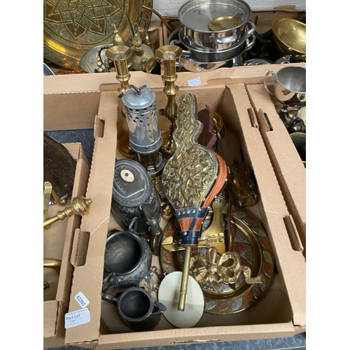 357 - 6 good boxes of metal wares including silver plated goblets, chaffing dishes, pewter tankards, brass... 