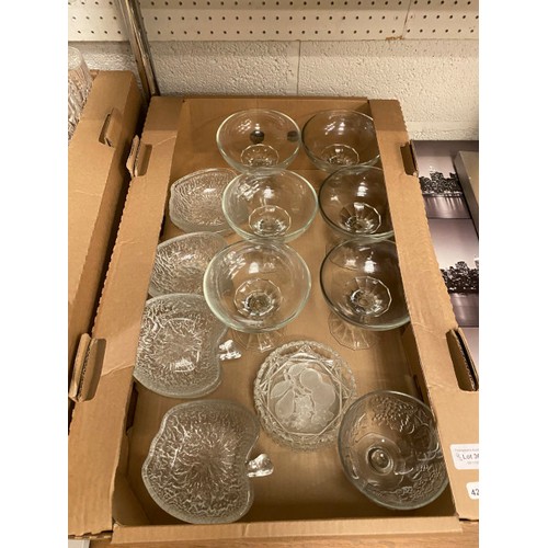 369 - 2 boxes assorted glassware including sundae dishes, cut glass wine glasses, tumblers and 2 boxes of ... 