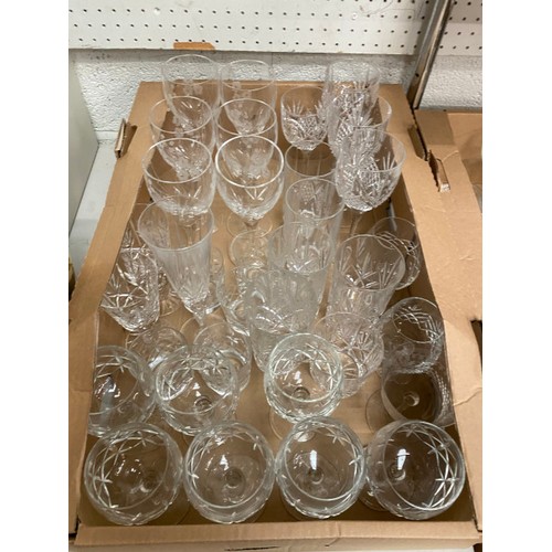 369 - 2 boxes assorted glassware including sundae dishes, cut glass wine glasses, tumblers and 2 boxes of ... 