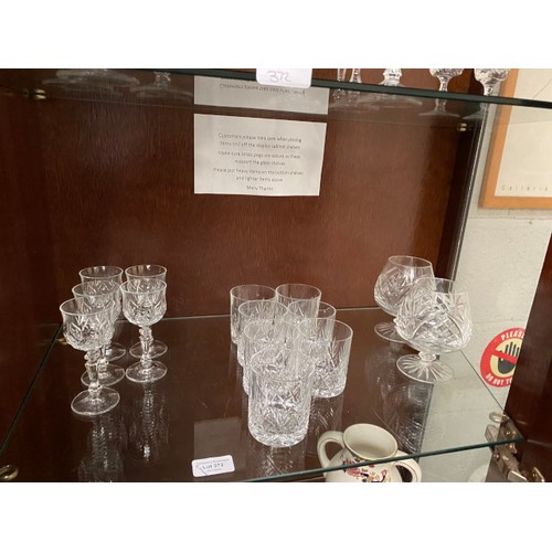 372 - Selection of cut glasses including tumblers, red wine glasses, champagne flutes etc