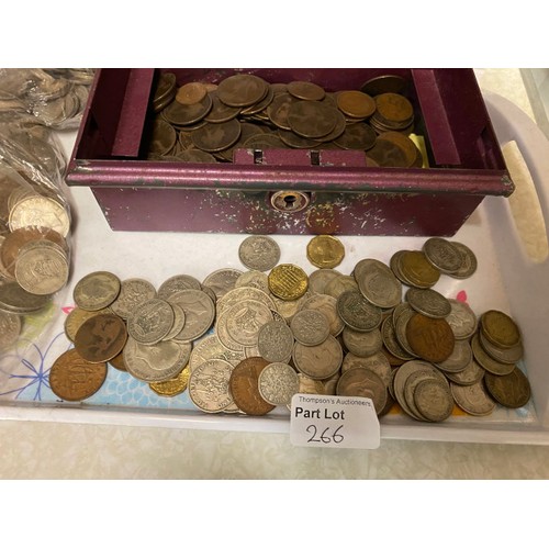 266 - Assorted coins including one pennies,  shillings, six pence - vintage cigarette box fronts, stamp al... 