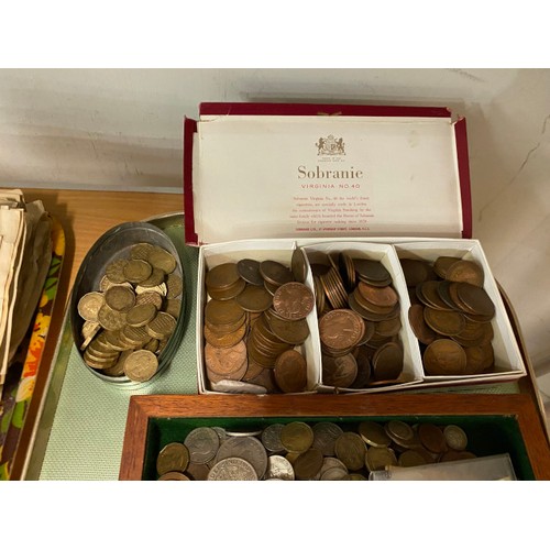 266 - Assorted coins including one pennies,  shillings, six pence - vintage cigarette box fronts, stamp al... 