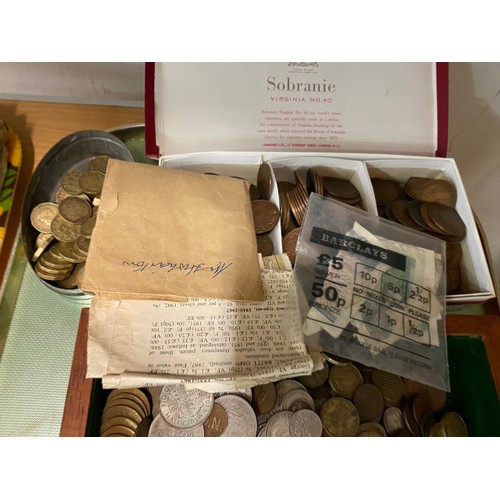 266 - Assorted coins including one pennies,  shillings, six pence - vintage cigarette box fronts, stamp al... 