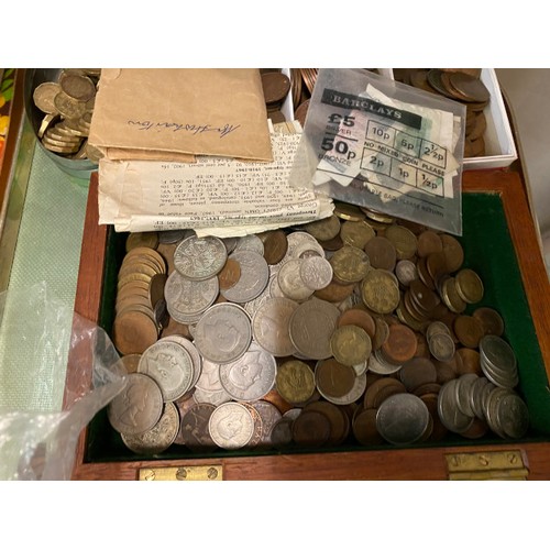 266 - Assorted coins including one pennies,  shillings, six pence - vintage cigarette box fronts, stamp al... 