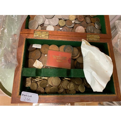 266 - Assorted coins including one pennies,  shillings, six pence - vintage cigarette box fronts, stamp al... 