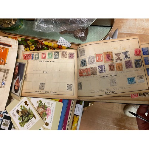 266 - Assorted coins including one pennies,  shillings, six pence - vintage cigarette box fronts, stamp al... 