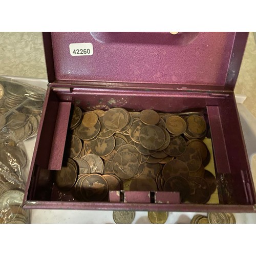 266 - Assorted coins including one pennies,  shillings, six pence - vintage cigarette box fronts, stamp al... 