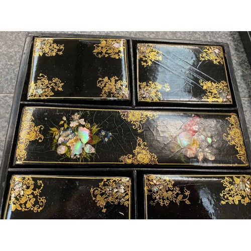 195 - Chinoiserie papier mache and mother of pearl caddy box 25 x 26cm