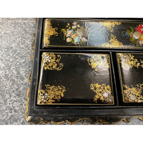 195 - Chinoiserie papier mache and mother of pearl caddy box 25 x 26cm