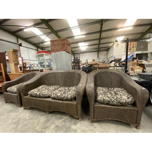 128 - Rattan conservatory suite with cushions. Sofa: 153W, 2 armchairs 87W