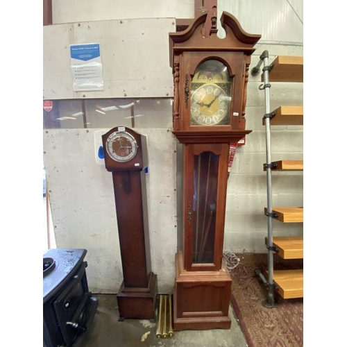 171 - Emperor Clock Co Ltd clock with pendulum and 3 weights 190H 40W 26D and an oak grandmother clock wit... 