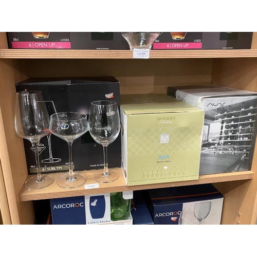 231 - Chef & Sommelier Krysta Sublym wine glasses (6 per box), Crystal Bohemia Martini glasses (6 per box)... 