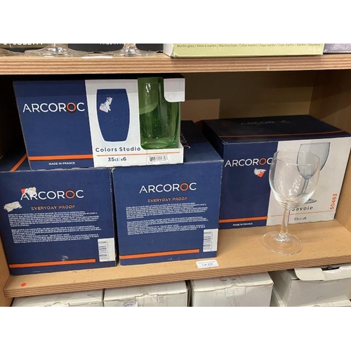 232 - 3 boxes of Arcoroc (France) Savoie wine glasses (6 per box) & 1 box of studio green goblets (6 per b... 