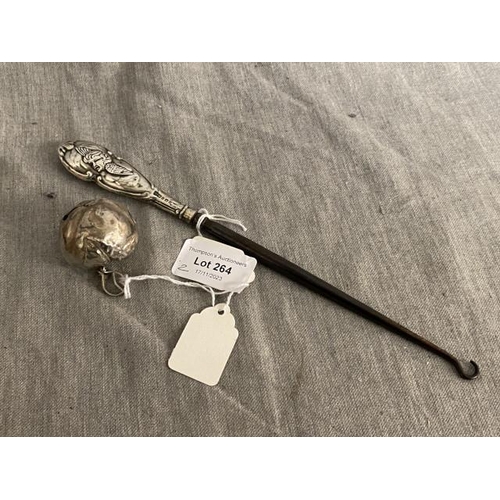 264 - Solid silver 'Strawberry' baby's rattle & silver cherub handled button hook