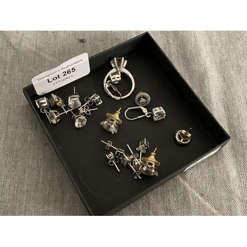 265 - 9 pairs of silver earrings & a silver ring (size P)