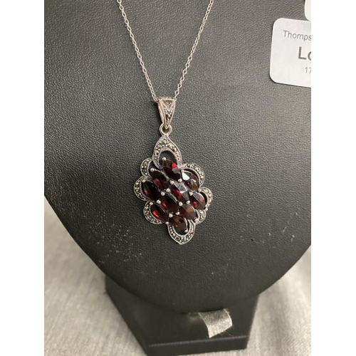 315 - Silver, marcasite & faux garnet pendant on silver chain