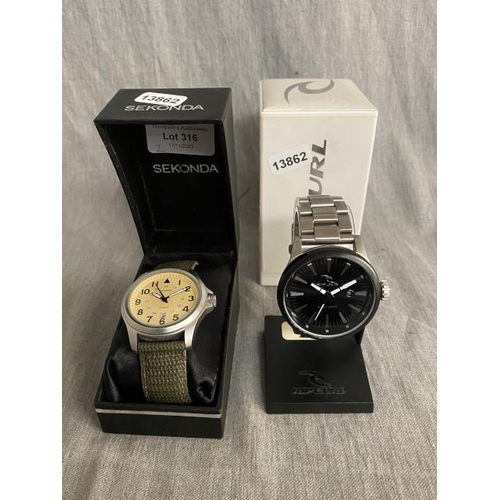 316 - 2 gents cased watches (Sekonda date 50 meters & Rip Curl date 100M, A2832-RECON)