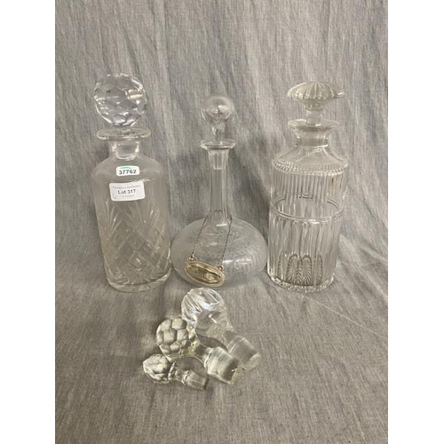 317 - Georgian cut glass decanter, Victorian globe decanter, cut glass decanter & 3 decanter stoppers (3 s... 