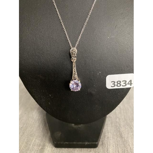 329 - Silver, lavender & marcasite pendant on silver chain