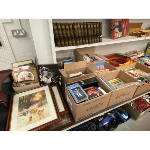 344 - 6 boxes of books, cassettes, pictures etc., inc. various children's annuals, Ladybird, Rupert Bear, ... 