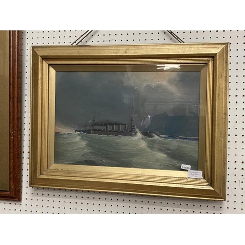 355 - Gilt framed signed A.C. Vinen oil on canvas of battleships 44x59cm