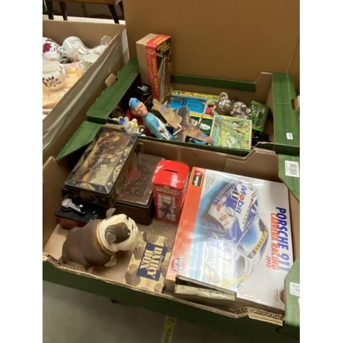 369 - 2 boxes of collectables inc. tins, Fortuna toy projector, key wound space robot, Boxed & sealed Bura... 